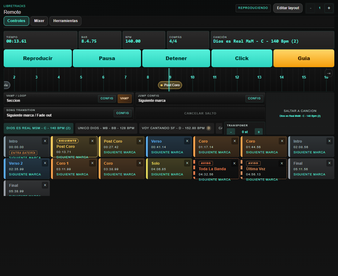 The LibreTracks browser remote on a tablet, with transport buttons and a grid of section cues.
