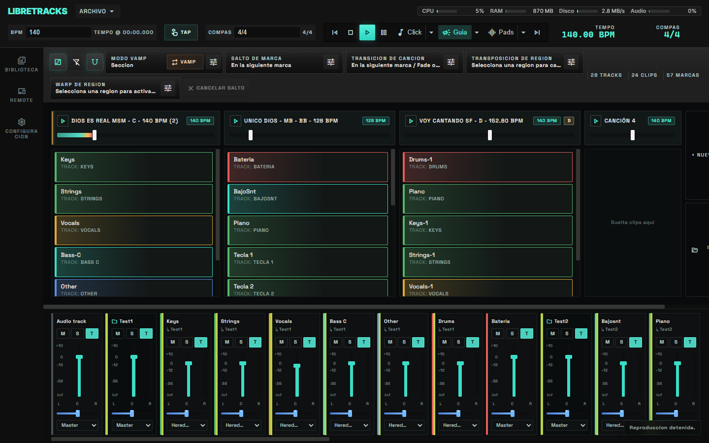 The LibreTracks session view showing clip slots grouped per song above a channel mixer strip.