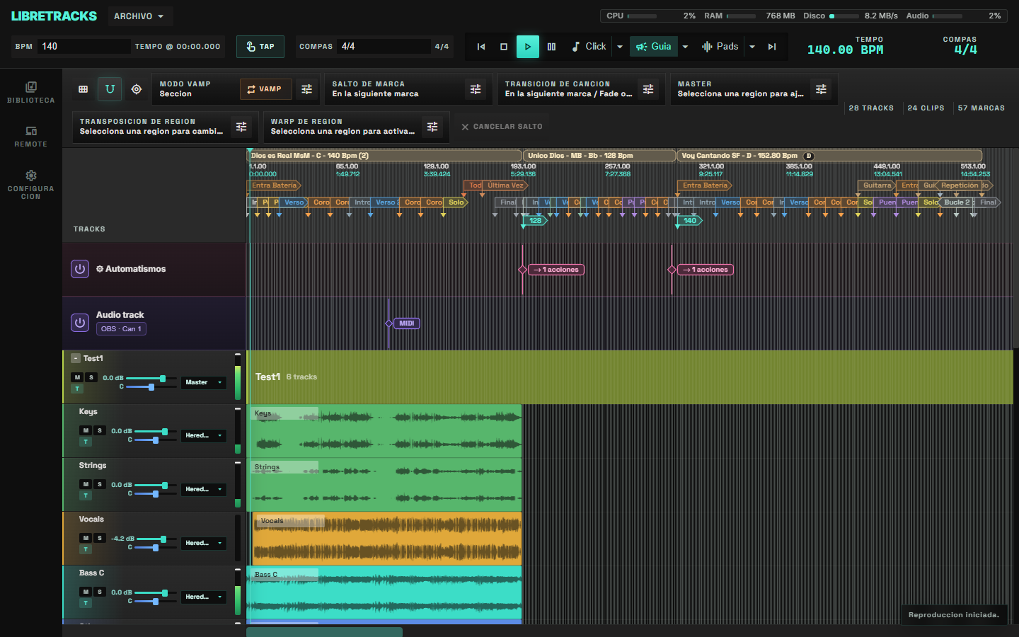 The LibreTracks arrangement view: several songs laid out on one timeline with coloured audio tracks, waveforms, section markers and an automation lane.